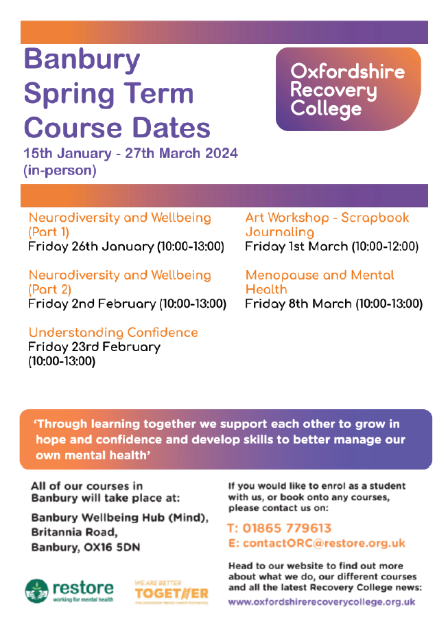 ORC Course Dates Spring 2024 Oxfordshire Recovery College